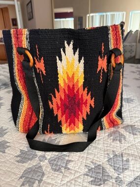 Handwoven Southwestern Black Tote with Red & Orange Aztec Pattern